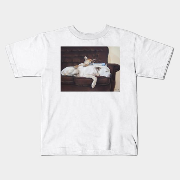 cute puppy sleeping with white american bulldog Kids T-Shirt by pollywolly